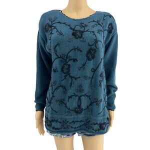Worthington LARGE VINTAGE 90's Blue Knit Black Floral Beaded Embroidery Sweater